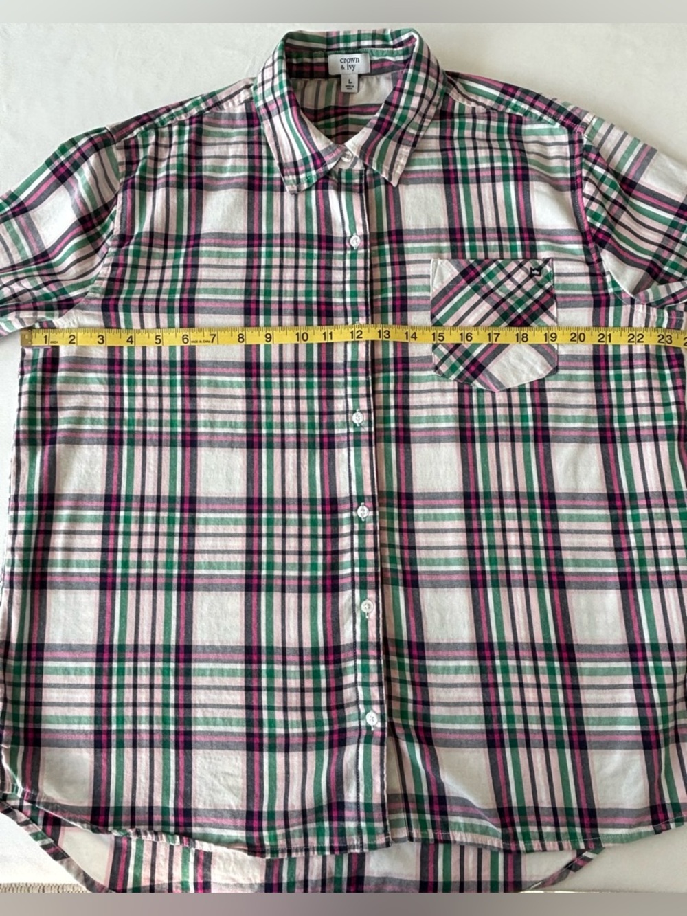 Crown & Ivy, size large, blue, green, pink plaid long sleeve shirt - Picture 5 of 6